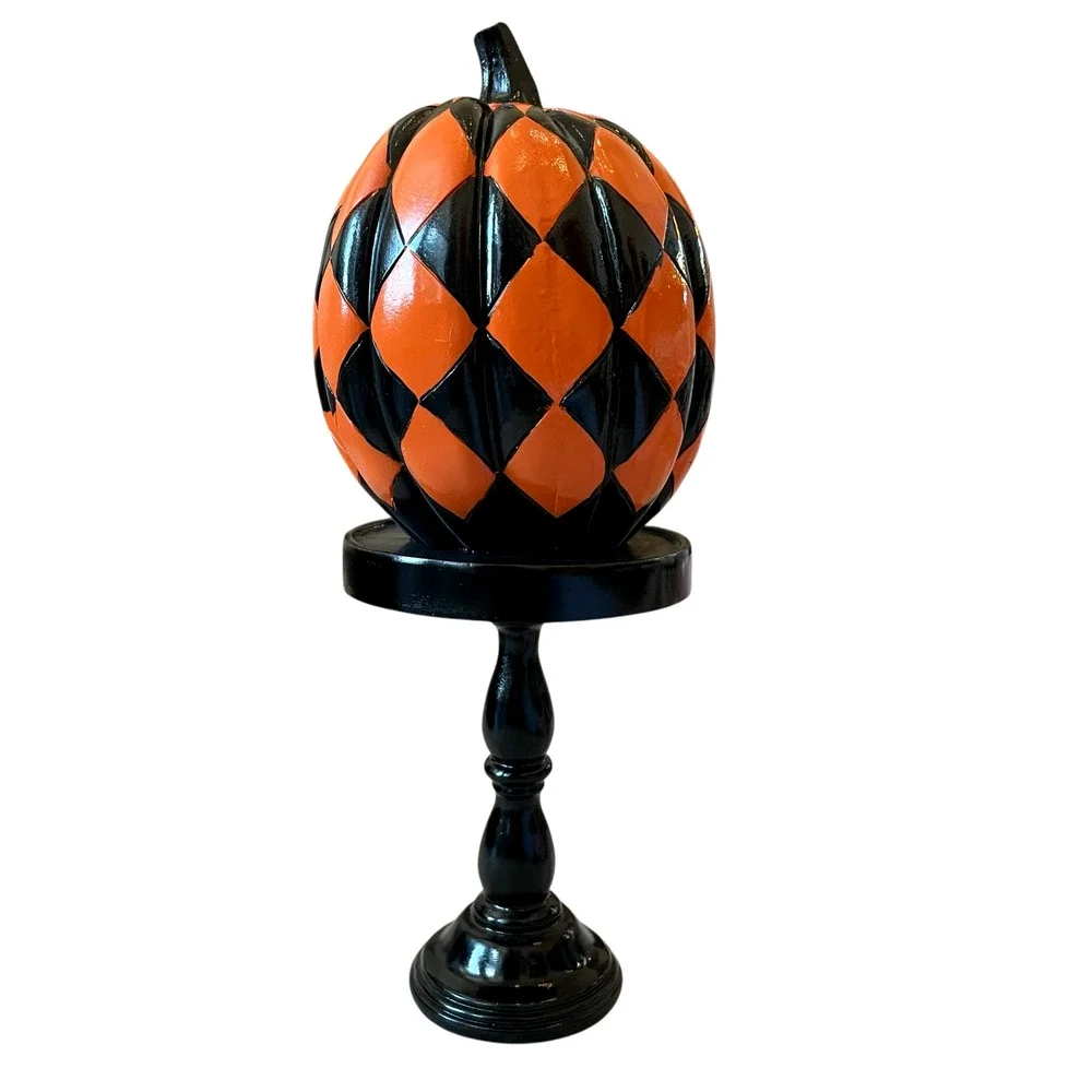 Black & Orange Checkered Pumpkin On Pedestal 13.5in Resin Halloween Decor NEW